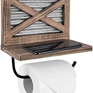 FARMHOUSE TOILET PAPER HOLDER WITH SHELF BROWN WOOD